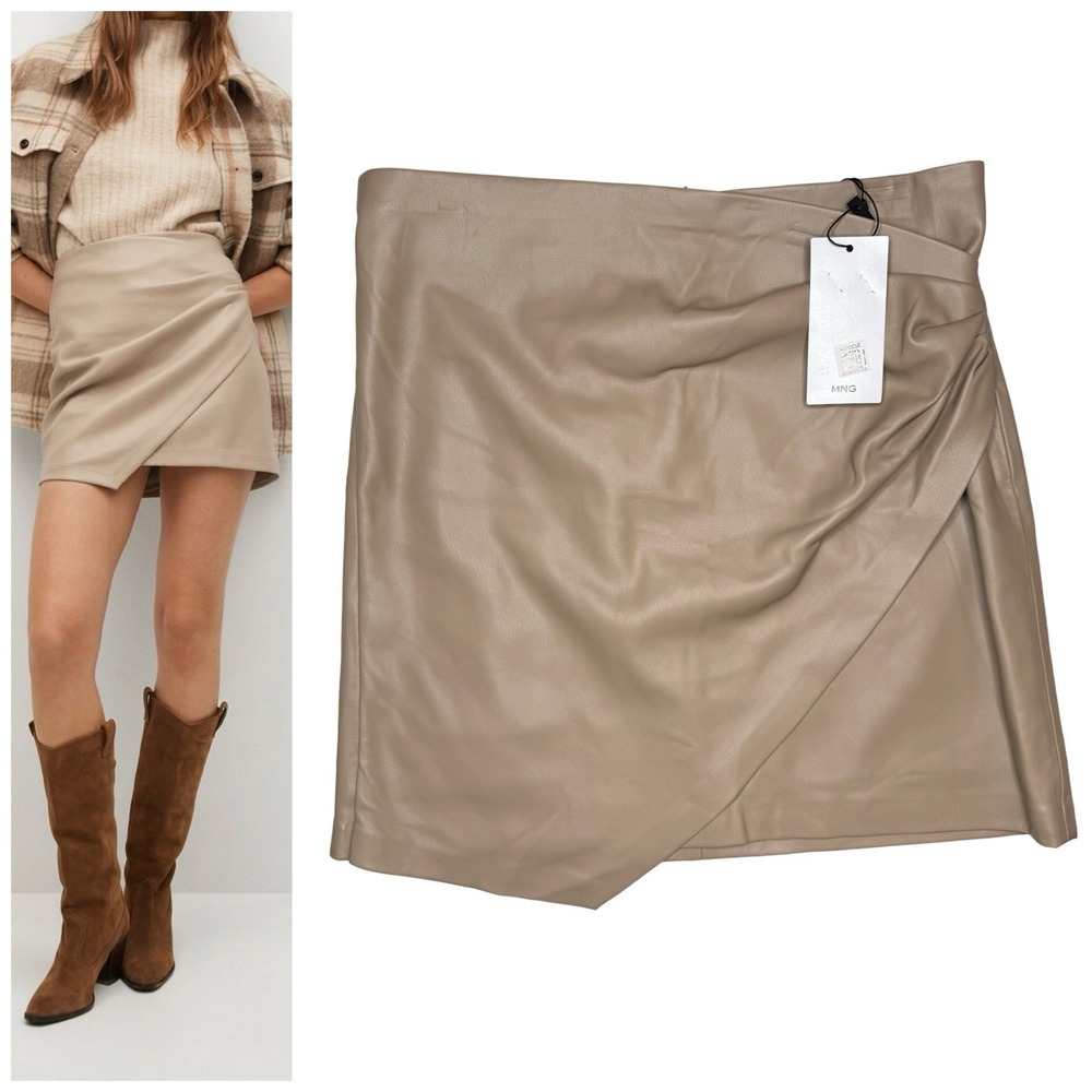 Mango Faux Leather Wrap Skirt NWT Size S Beige Draped Asymmetrical Mini Skirt